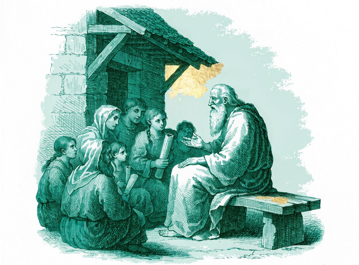 An old white-bearded man sits on a wooden bench in a courtyard, speaking gently to a gathered group of men, women, and children