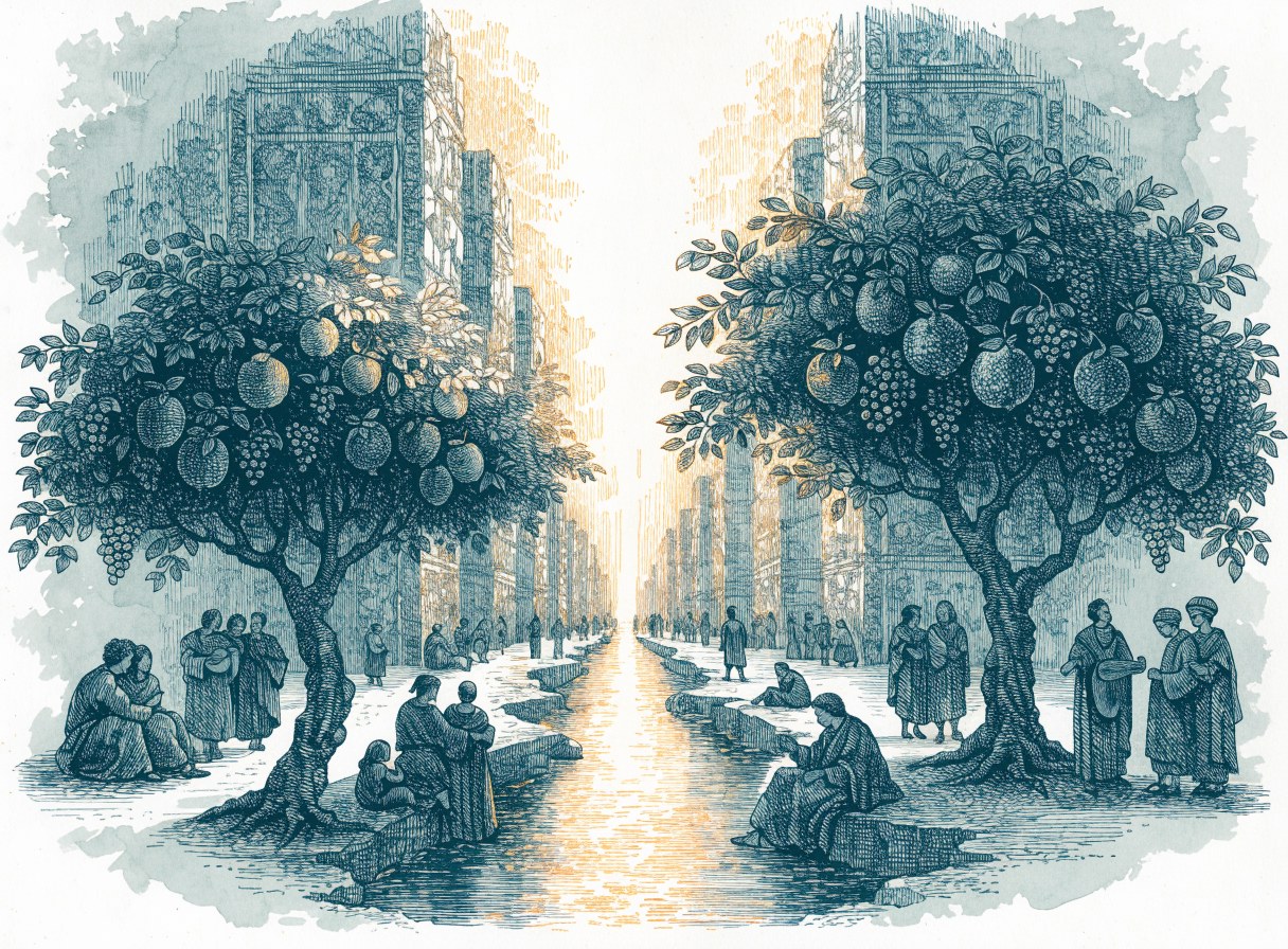 A bright river flows down the middle of a wide street in a radiant city, with fruit-laden trees on both banks and people walking, resting, and talking beside the water