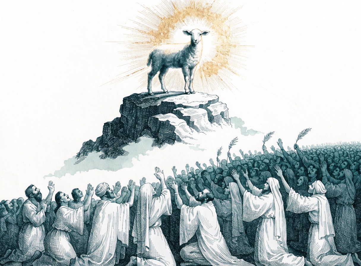 A white lamb stands in radiant golden light on a rocky height while a vast crowd of people in white robes kneel below and lift their hands