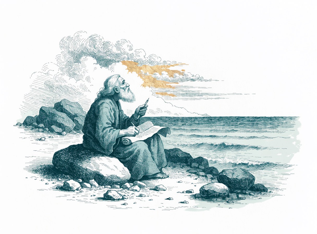 An old white-bearded man sits on a rock by the sea, writing on a scroll and looking up toward light breaking through the clouds
